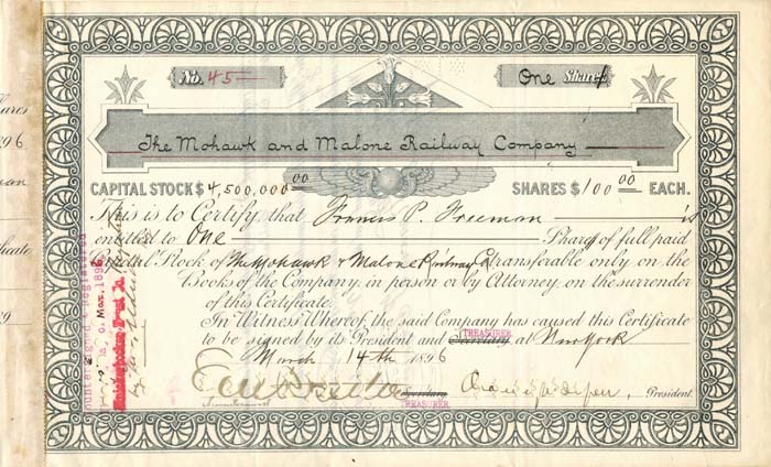 Mohawk and Malone Railway Co. signed by Chauncey M. Depew and E.V.W. Rossiter - Stock Certificate